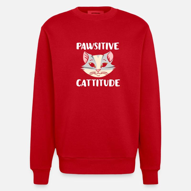 Pawsitive Cattitude Cat Lover - Heavyweight Oversized Organic Crew Neck Made in EU - red