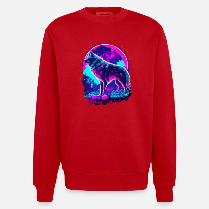 Wolf’s Art Synthwave Néon Psychédélique - Sweat bio épais oversize fabriqué en UE - rouge