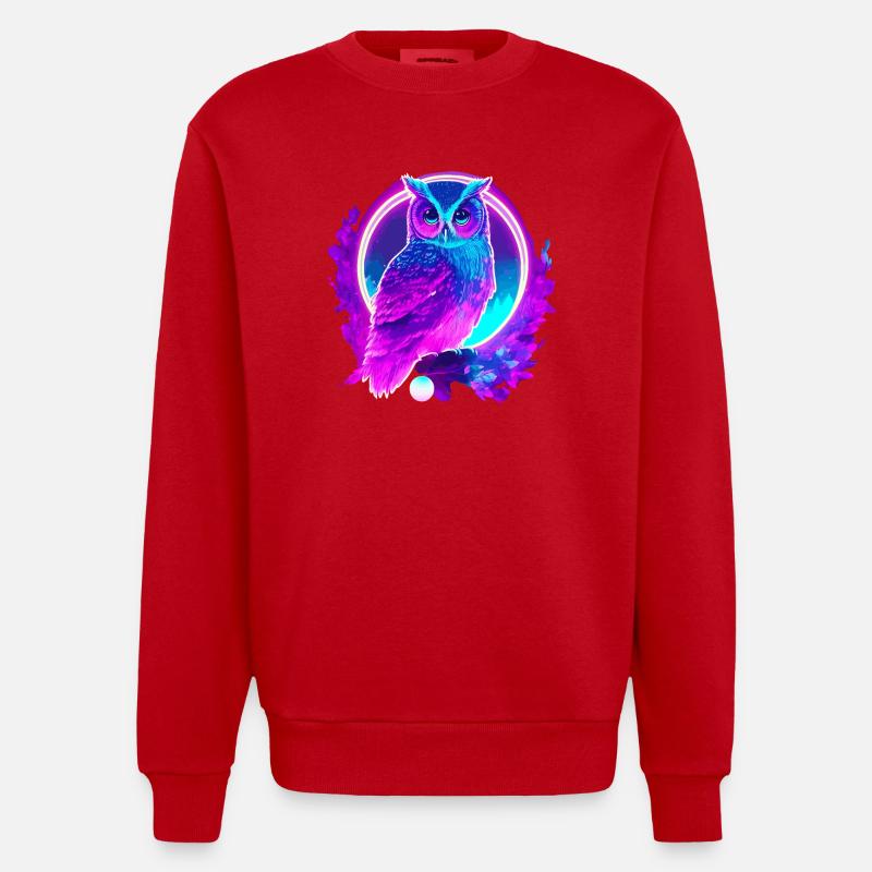 Owl Neon Moon Synthwave - Heavyweight Oversized Organic Crew Neck Made in EU - red