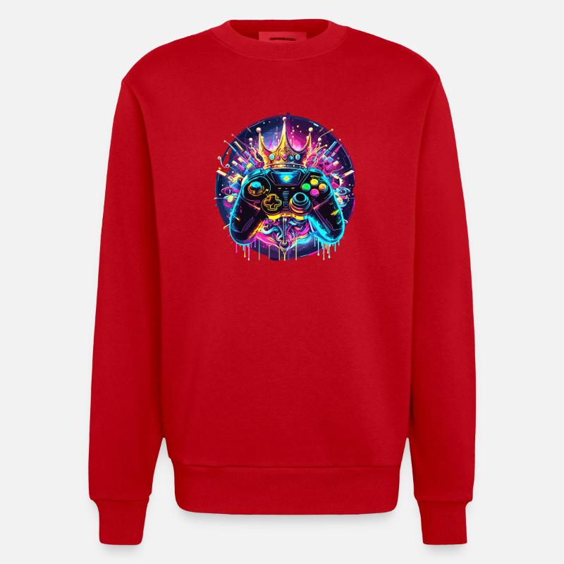 Synthwave Gamer Controller mit Krone - Heavyweight Oversized Organic Crew Neck Made in EU - Rot
