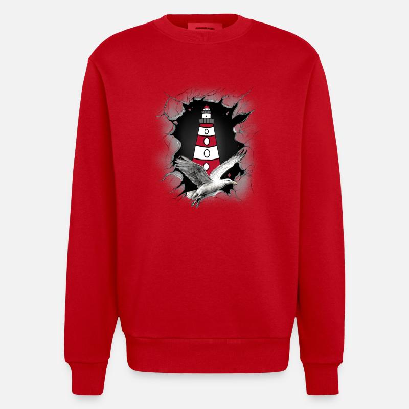Seagull Lighthouse Maritime Lighthouses Seagulls - Heavyweight Oversized Organic Crew Neck Made in EU - red