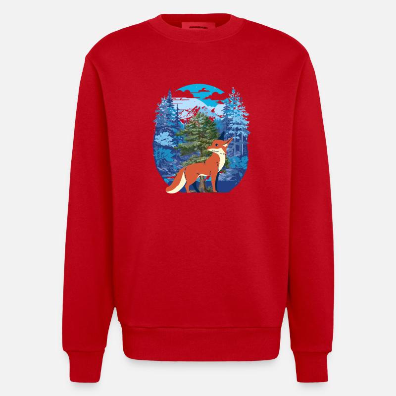 Fox Foxes Forest - Heavyweight Oversized Organic Crew Neck Made in EU - red