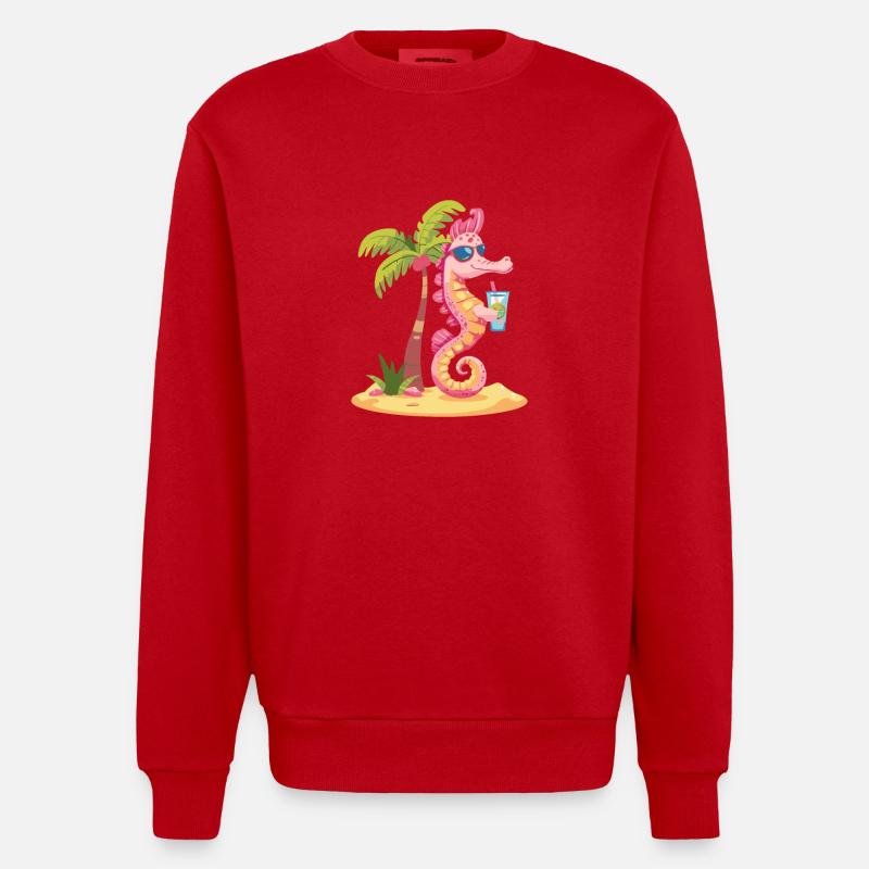 Seepferd Sommer Strand Comic - Heavyweight Oversized Organic Crew Neck Made in EU - Rot