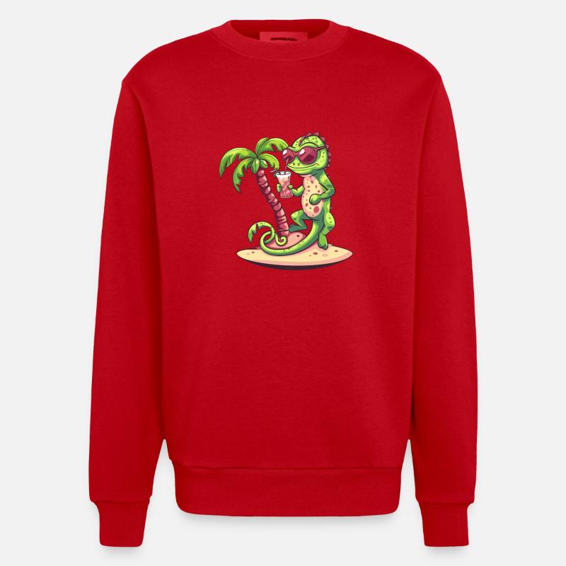 Chameleon Summer Beach Comic - Heavyweight Oversized Organic Crew Neck Made in EU - red