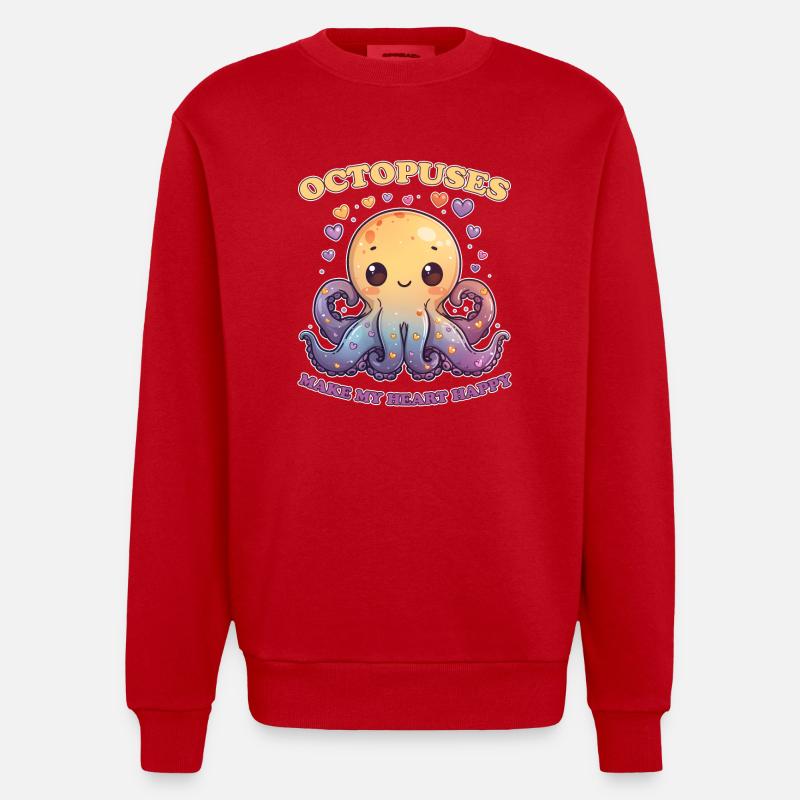 Funny Octopus Cephalopod Squid Gift - Heavyweight Oversized Organic Crew Neck Made in EU - red