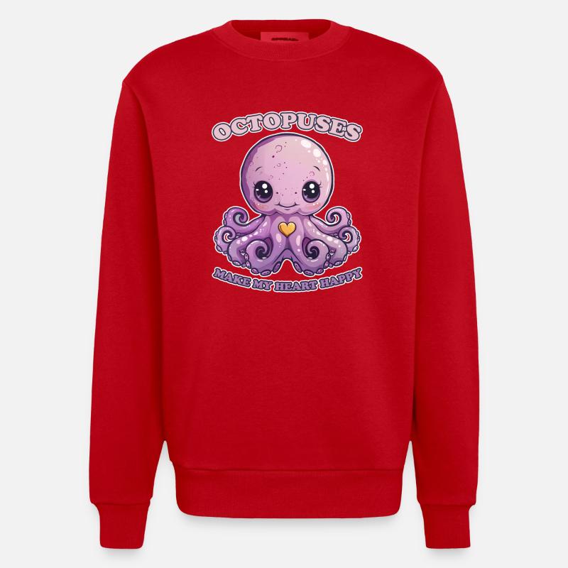 Funny Octopus Cephalopod Squid Gift - Heavyweight Oversized Organic Crew Neck Made in EU - red
