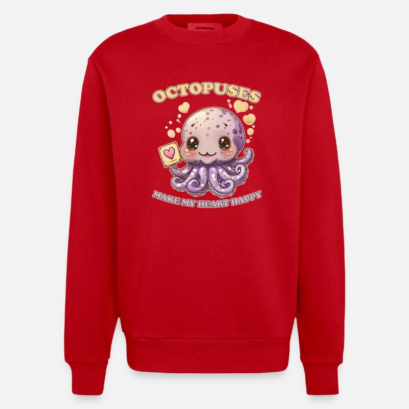 Funny Octopus Cephalopod Squid Gift - Heavyweight Oversized Organic Crew Neck Made in EU - red