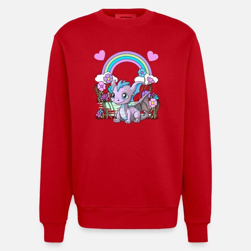 Drache Drachen Kinder Kind Regenbogen - Heavyweight Oversized Organic Crew Neck Made in EU - Rot