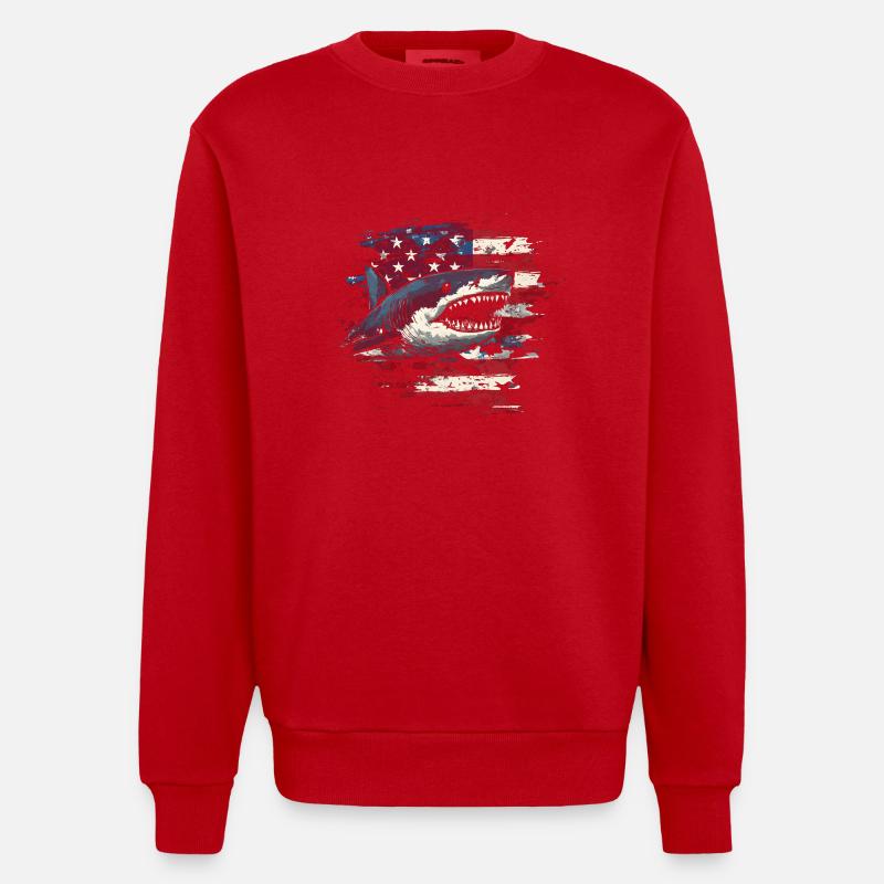Requin avec drapeau des États-Unis - Sweat bio épais oversize fabriqué en UE - rouge