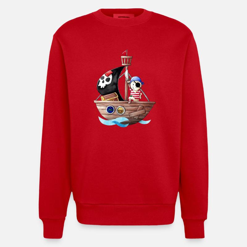 Petit pirate avec son bateau - Sweat bio épais oversize fabriqué en UE - rouge