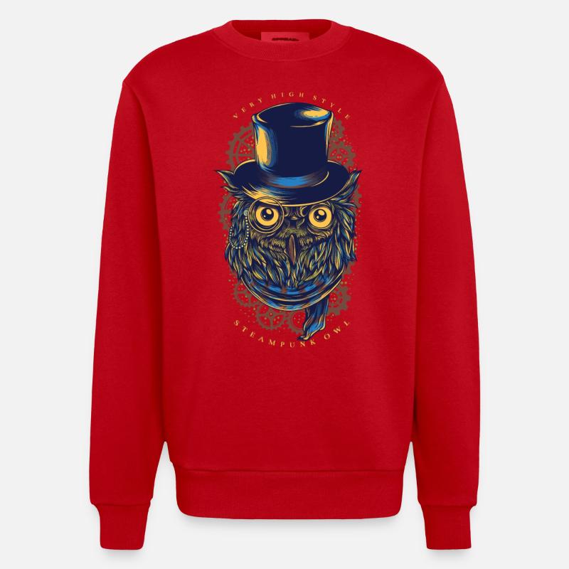 Eule - Steampunk Owl - Heavyweight Oversized Organic Crew Neck Made in EU - Rot