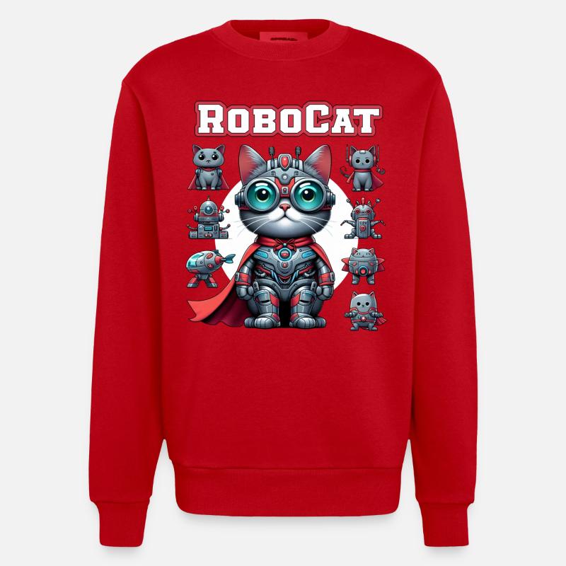 Robocat Robot Cat Funny Animals - Heavyweight Oversized Organic Crew Neck Made in EU - red