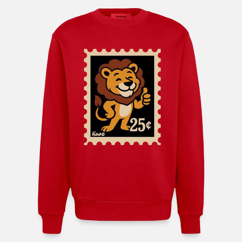 Lion amical sur un timbre-poste - Sweat bio épais oversize fabriqué en UE - rouge