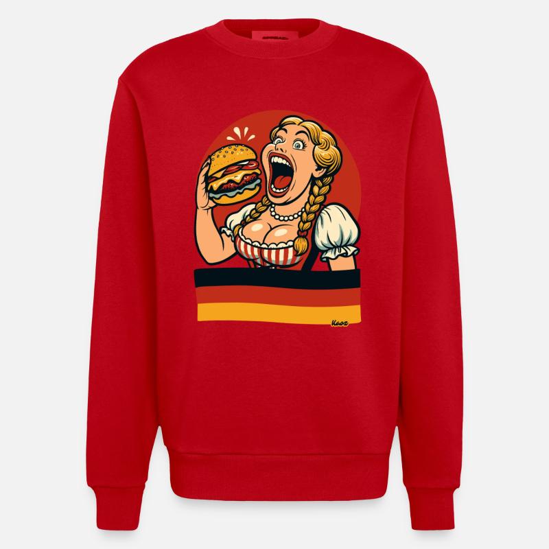 Dirndl woman eats giant burger - Heavyweight Oversized Organic Crew Neck Made in EU - red