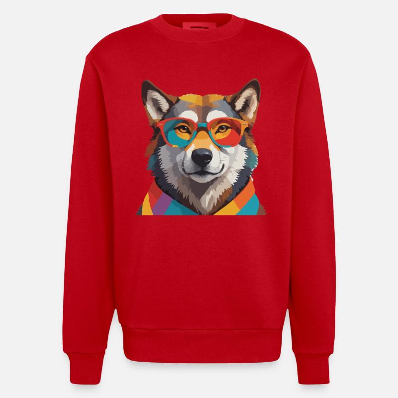 Wolf Cool mit Brille Bunt - Heavyweight Oversized Organic Crew Neck Made in EU - Rot
