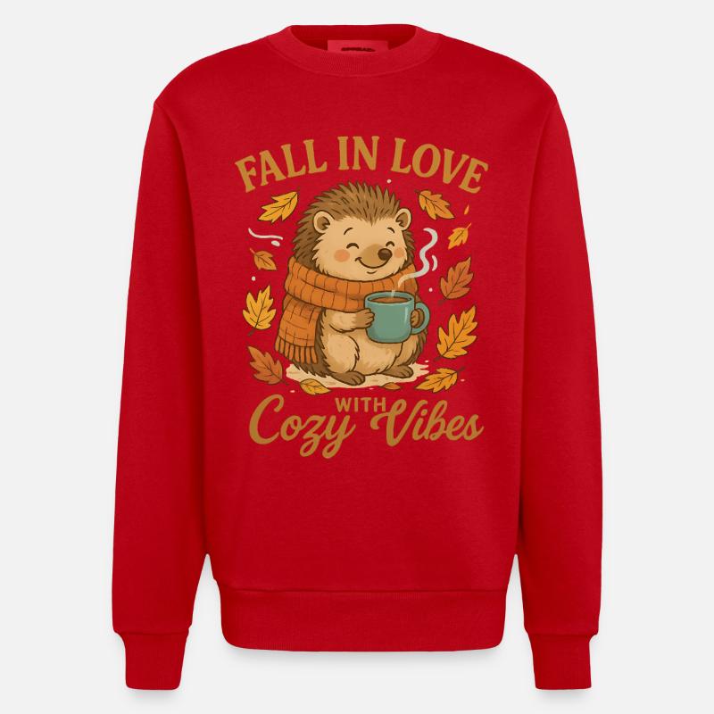 Autumn cuddle with hedgehog and cup - Heavyweight Oversized Organic Crew Neck Made in EU - red