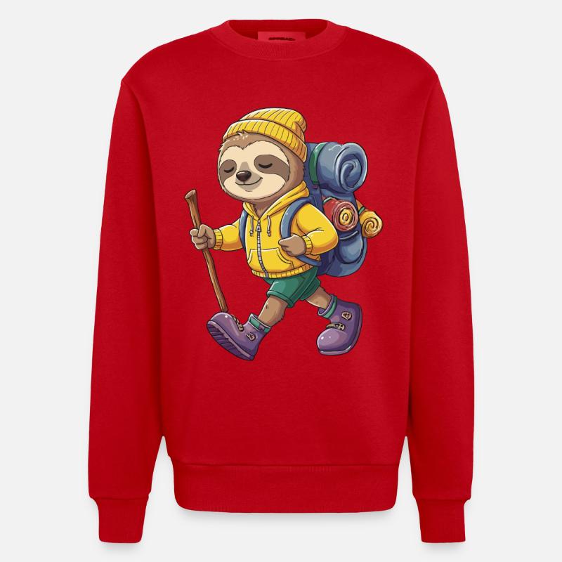 Cute Sloth Hiking Camping Adventure Backpacker - Heavyweight Oversized Organic Crew Neck Made in EU - red