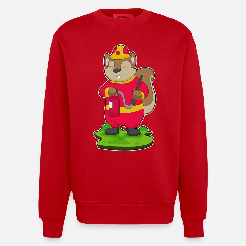Squirrel Firefighter Fire Hose - Heavyweight Oversized Organic Crew Neck Made in EU - red