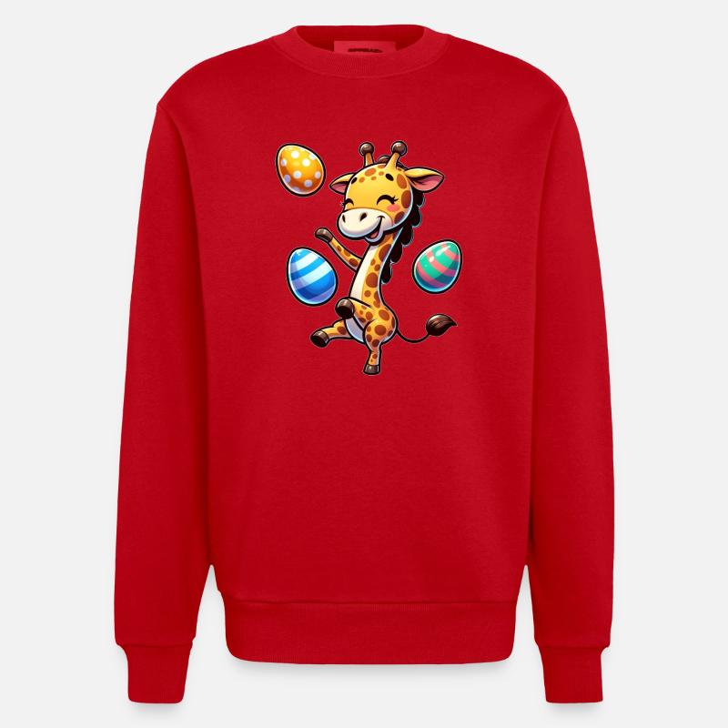 Easter Giraffe, Juggling Easter Eggs - Heavyweight Oversized Organic Crew Neck Made in EU - red