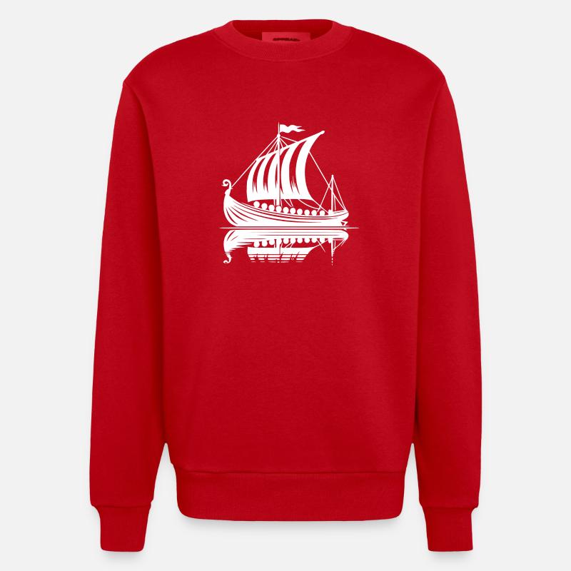 Starkes Wikinger Drachenboot mit Segel - Heavyweight Oversized Organic Crew Neck Made in EU - Rot
