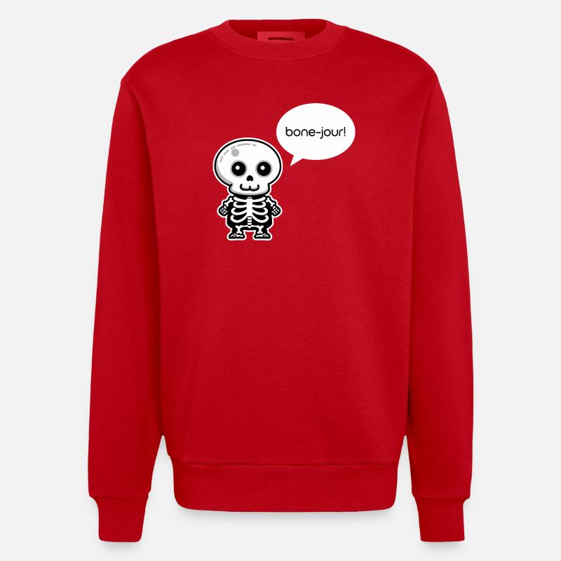 Bone-jour! - Funny Skeleton Pun - Heavyweight Oversized Organic Crew Neck Made in EU - red
