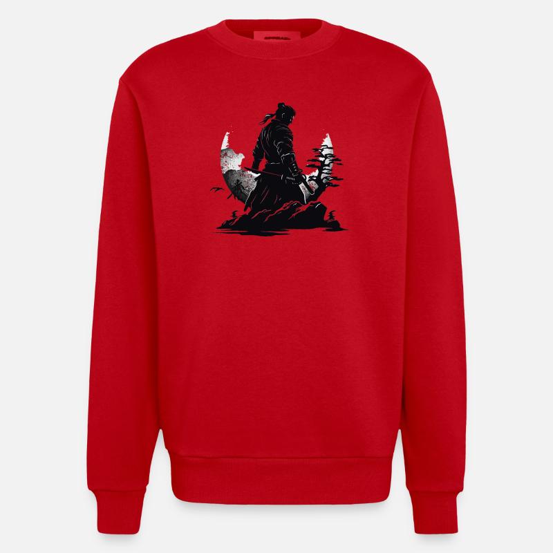 Samurai Warrior Japan Landscape - Heavyweight Oversized Organic Crew Neck Made in EU - red
