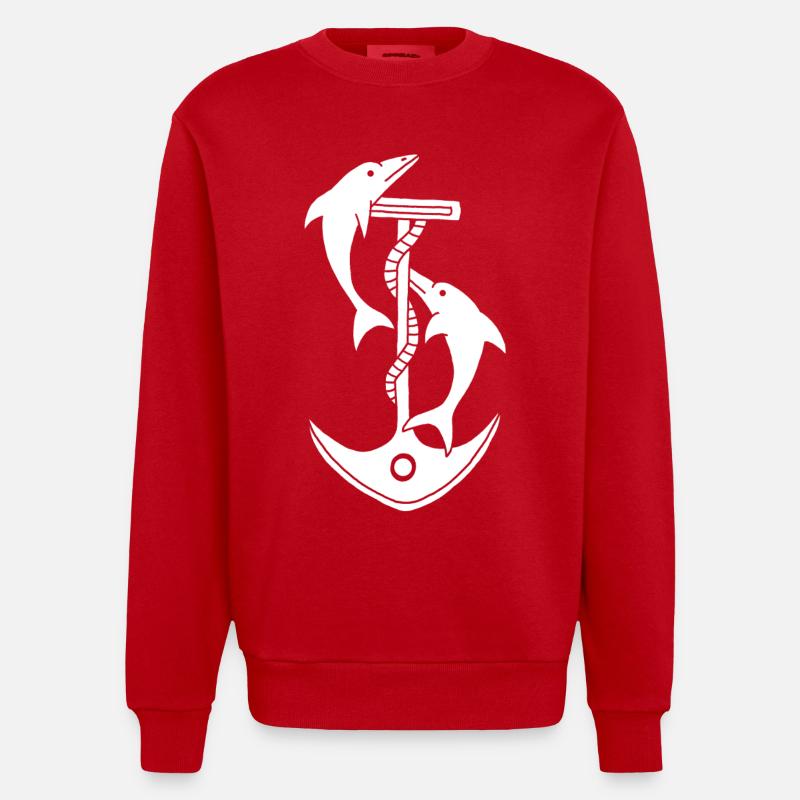 Ancre et dauphins (blanc) - Sweat bio épais oversize fabriqué en UE - rouge