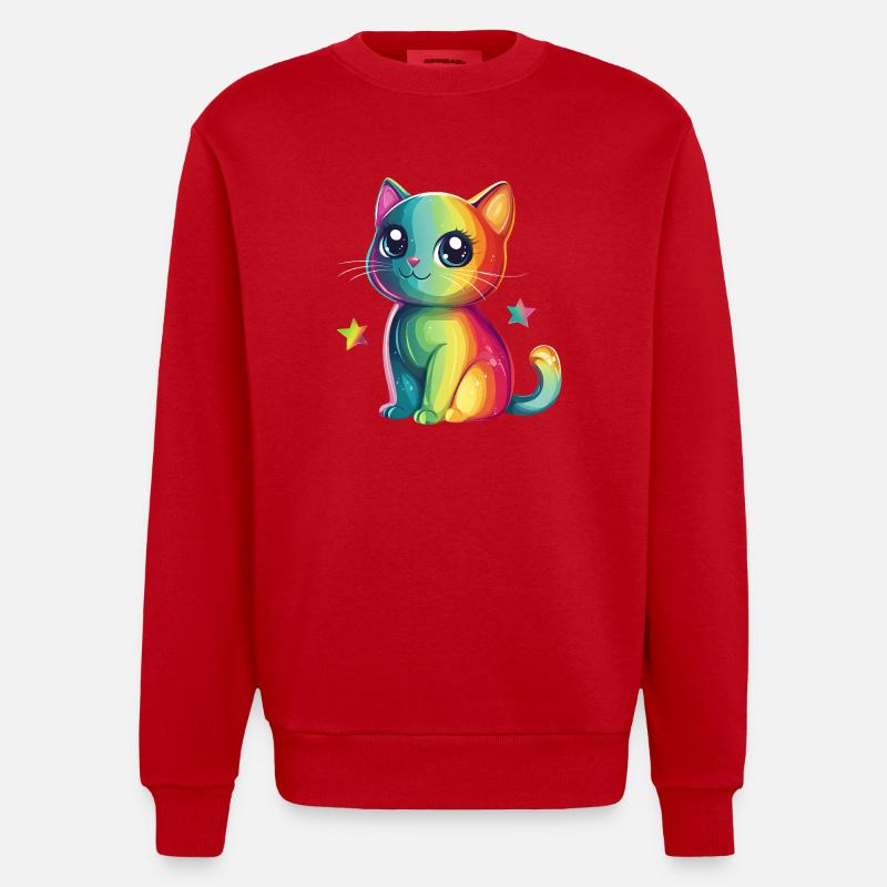 Chat arc-en-ciel mignon - Sweat bio épais oversize fabriqué en UE - rouge