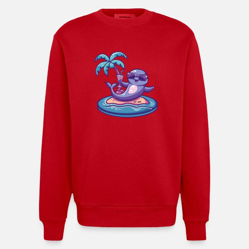 Delfin Sommer Strand Comic - Heavyweight Oversized Organic Crew Neck Made in EU - Rot