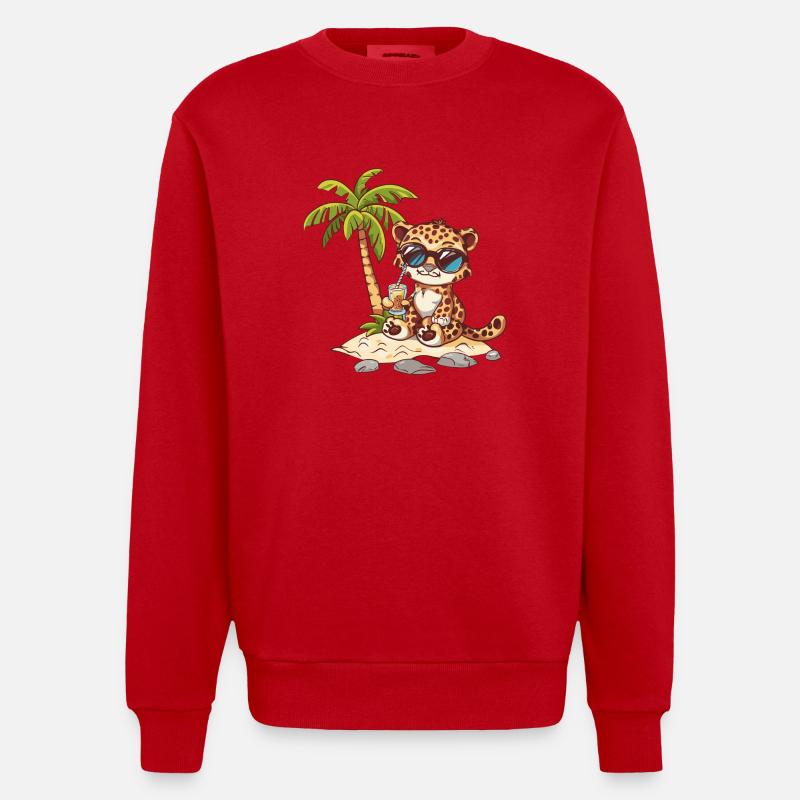 Leopard Sommer Strand Comic - Heavyweight Oversized Organic Crew Neck Made in EU - Rot