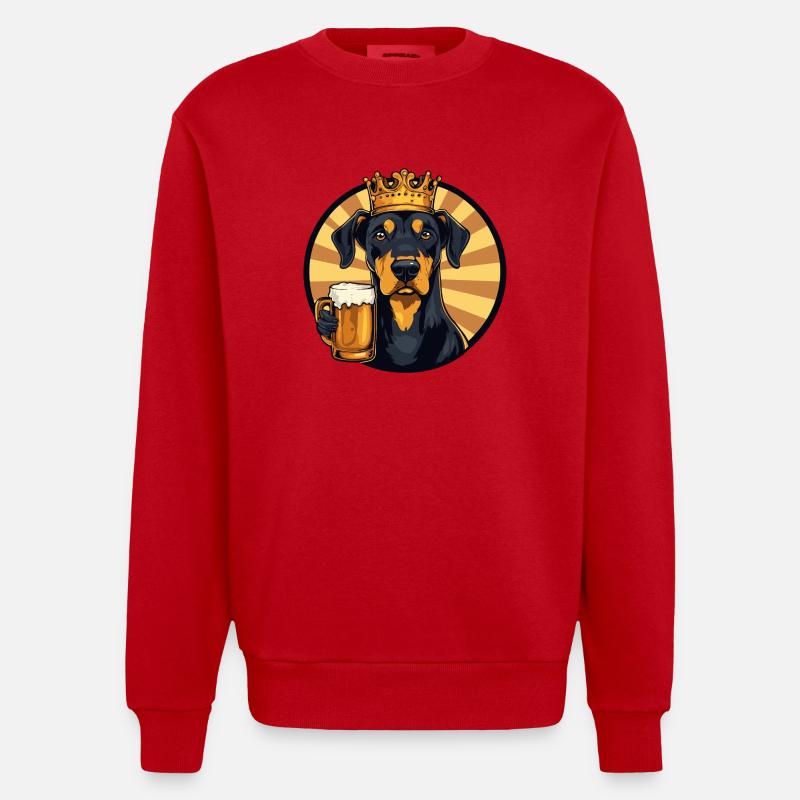 Dobermann Hund Bier Comic - Heavyweight Oversized Organic Crew Neck Made in EU - Rot
