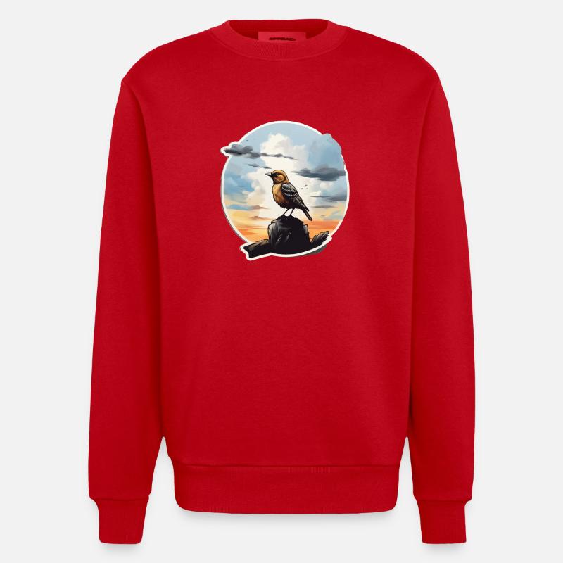 Landschaft Gemälde mit Vogel - Heavyweight Oversized Organic Crew Neck Made in EU - Rot