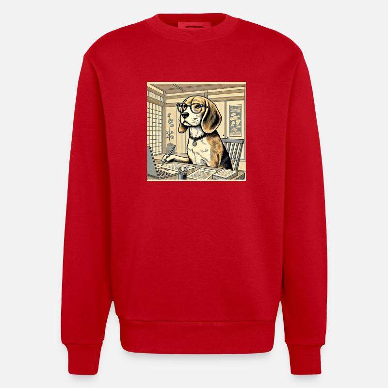 Beagle au bureau - style ukiyo-e - Sweat bio épais oversize fabriqué en UE - rouge