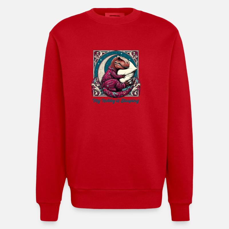 T-Rex Sleeping Hobby Gift - Heavyweight Oversized Organic Crew Neck Made in EU - red