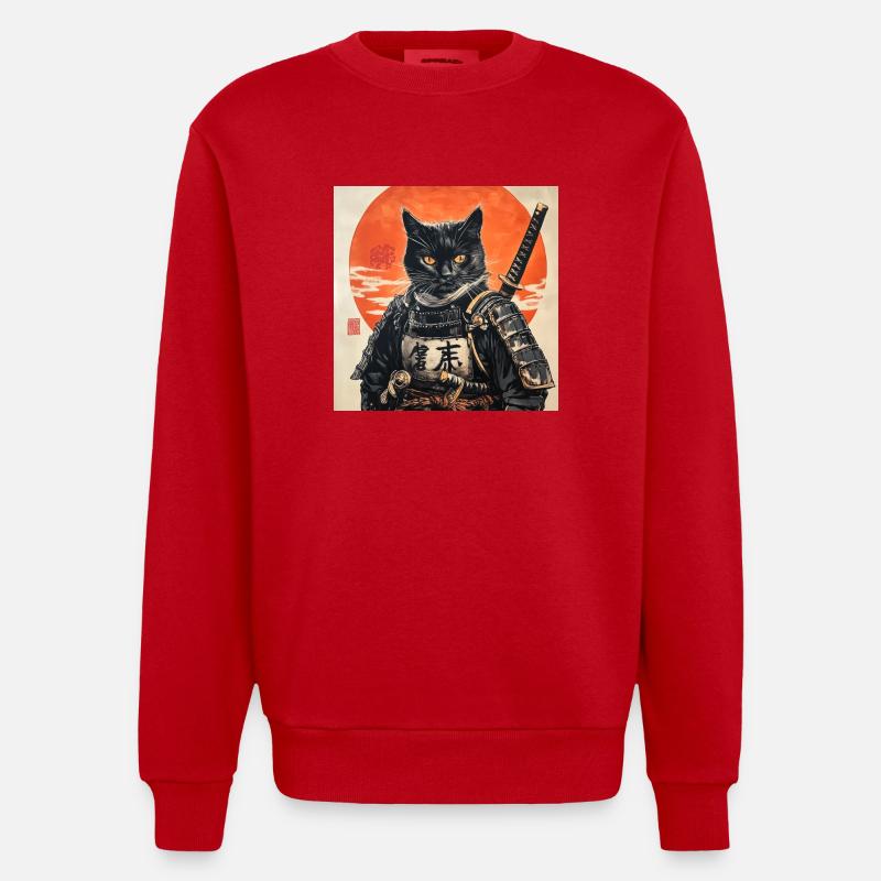 Katze Samurai Japan Ukiyo-E - Heavyweight Oversized Organic Crew Neck Made in EU - Rot