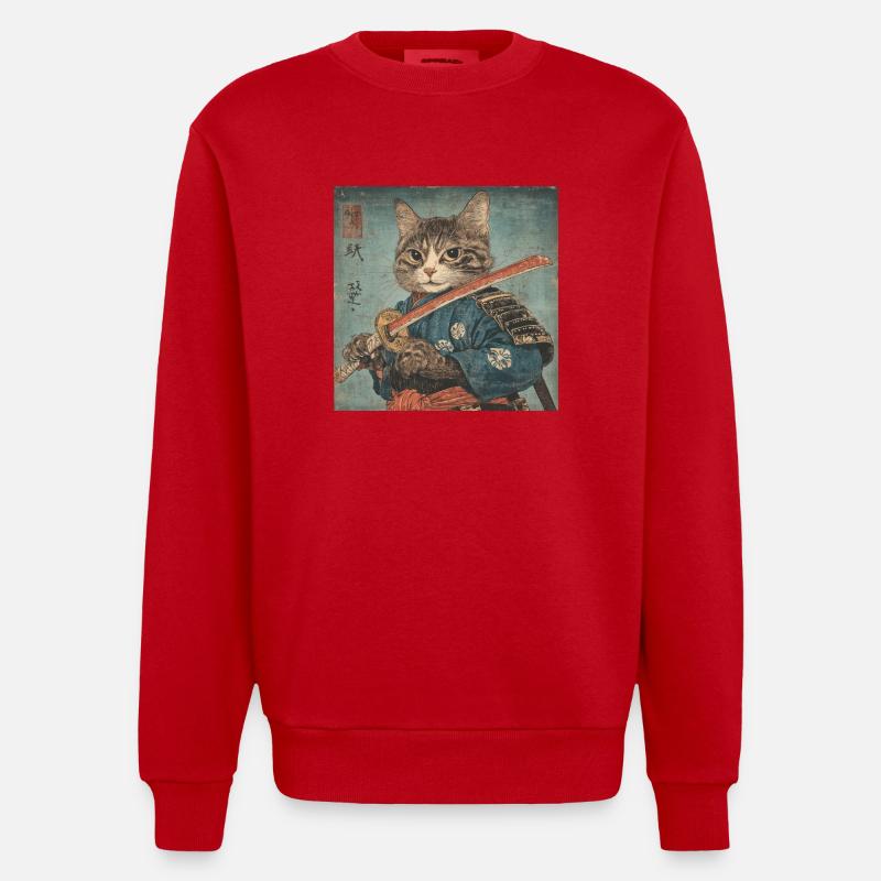 Katze Samurai Japan Ukiyo-E - Heavyweight Oversized Organic Crew Neck Made in EU - Rot