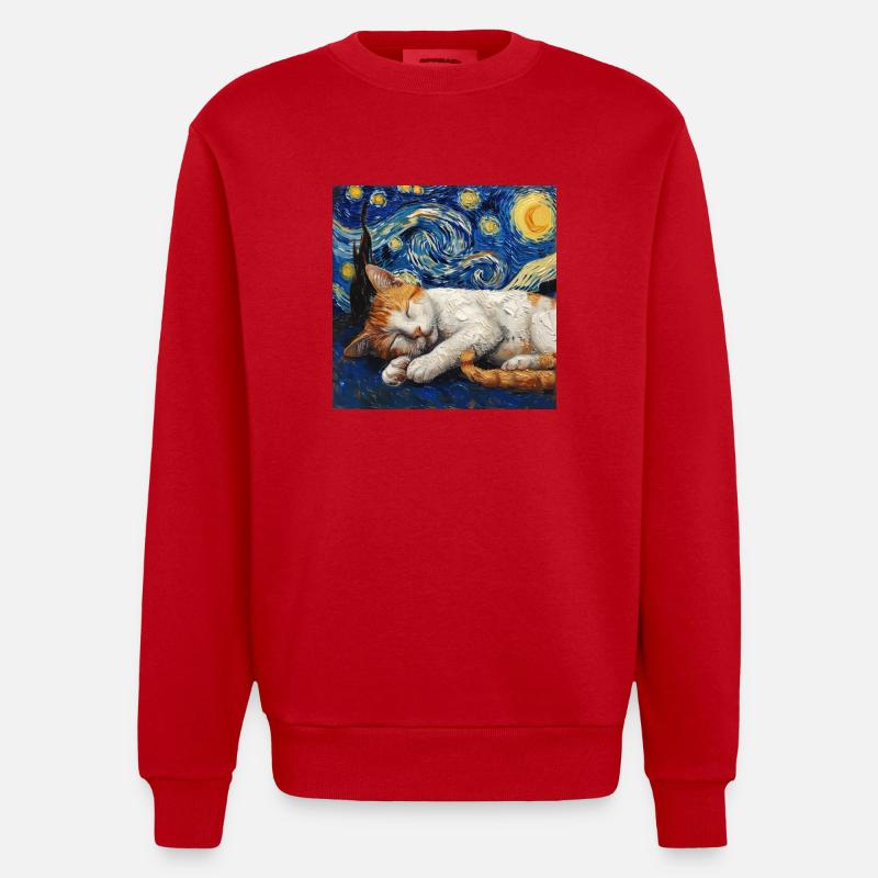 Chat Van Gogh Nuit étoilée - Sweat bio épais oversize fabriqué en UE - rouge