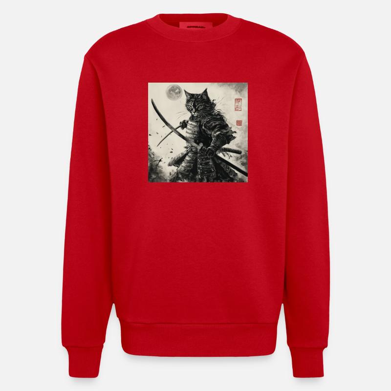 Katze Samurai Japan Ukiyo-E - Heavyweight Oversized Organic Crew Neck Made in EU - Rot