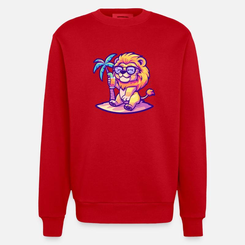 Lion Summer Beach Comic - Heavyweight Oversized Organic Crew Neck Made in EU - red