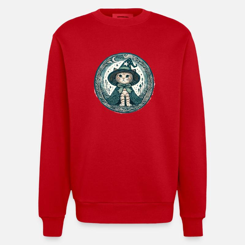 Wizard Kitty Cat - Heavyweight Oversized Organic Crew Neck Made in EU - red