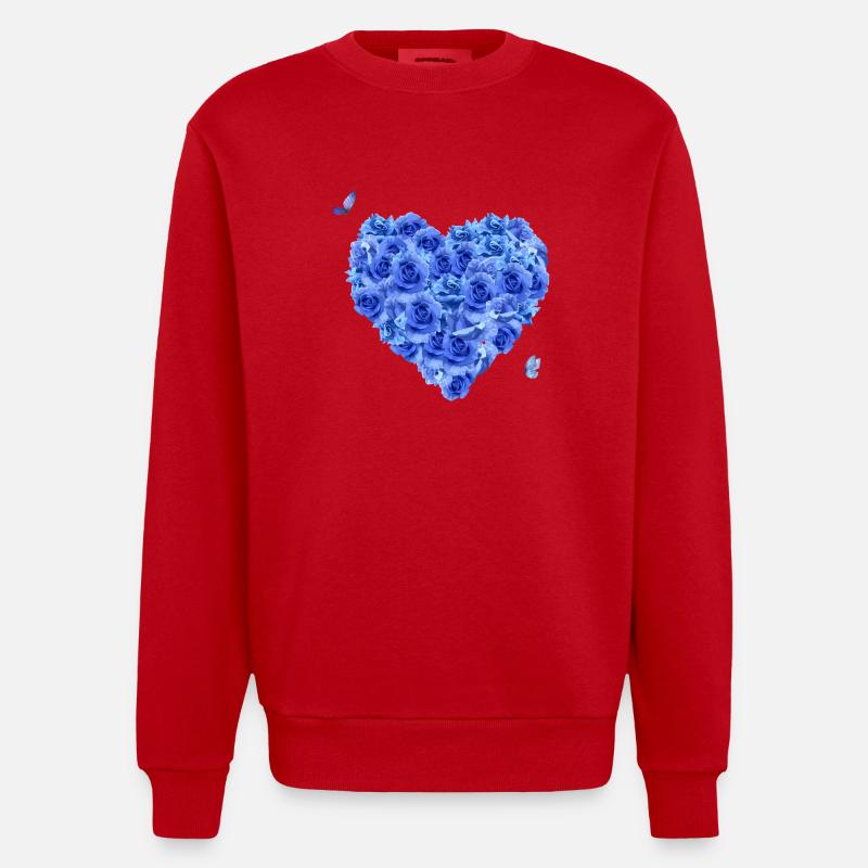Blue floral heart - Heavyweight Oversized Organic Crew Neck Made in EU - red