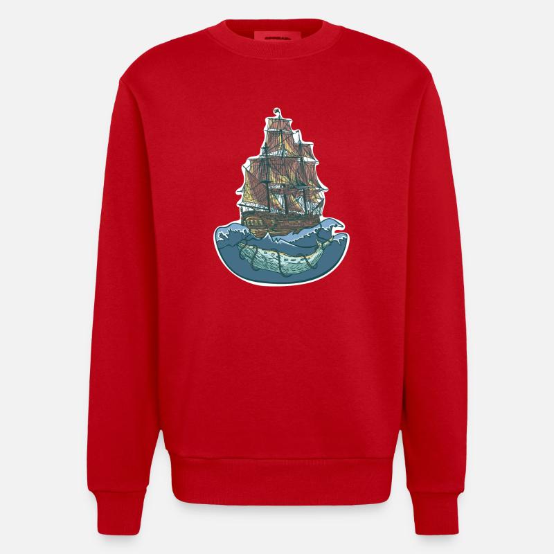 Whale ship - sailing ship - Heavyweight Oversized Organic Crew Neck Made in EU - red