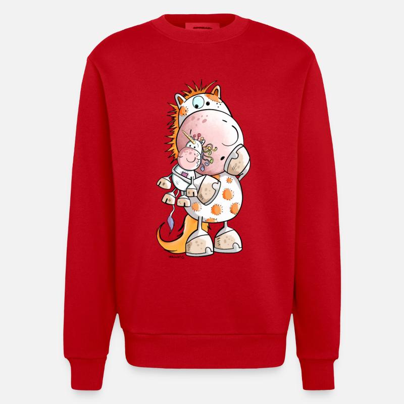 Pferd mit Einhorn Kuscheltier Cartoon  - Heavyweight Oversized Organic Crew Neck Made in EU - Rot