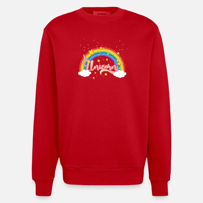 Bunter Regenbogen mit Einhornschriftzug - Heavyweight Oversized Organic Crew Neck Made in EU - Rot
