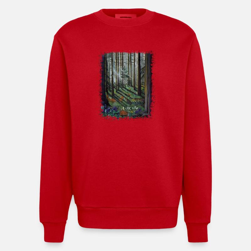 Forêt ensoleillée avec clairière ombragée - Sweat bio épais oversize fabriqué en UE - rouge