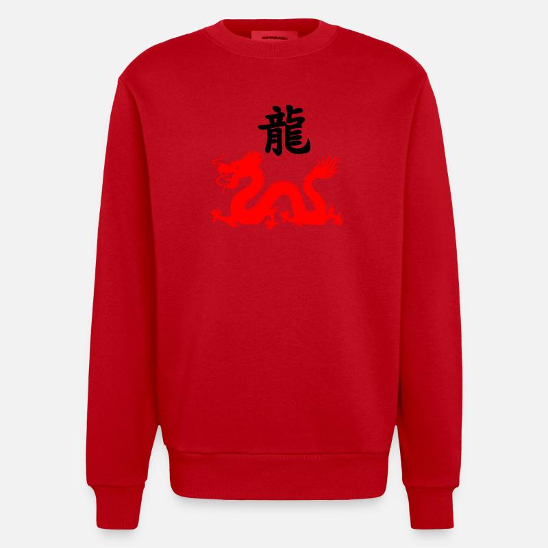 Chinese script with red dragon image - Heavyweight Oversized Organic Crew Neck Made in EU - red