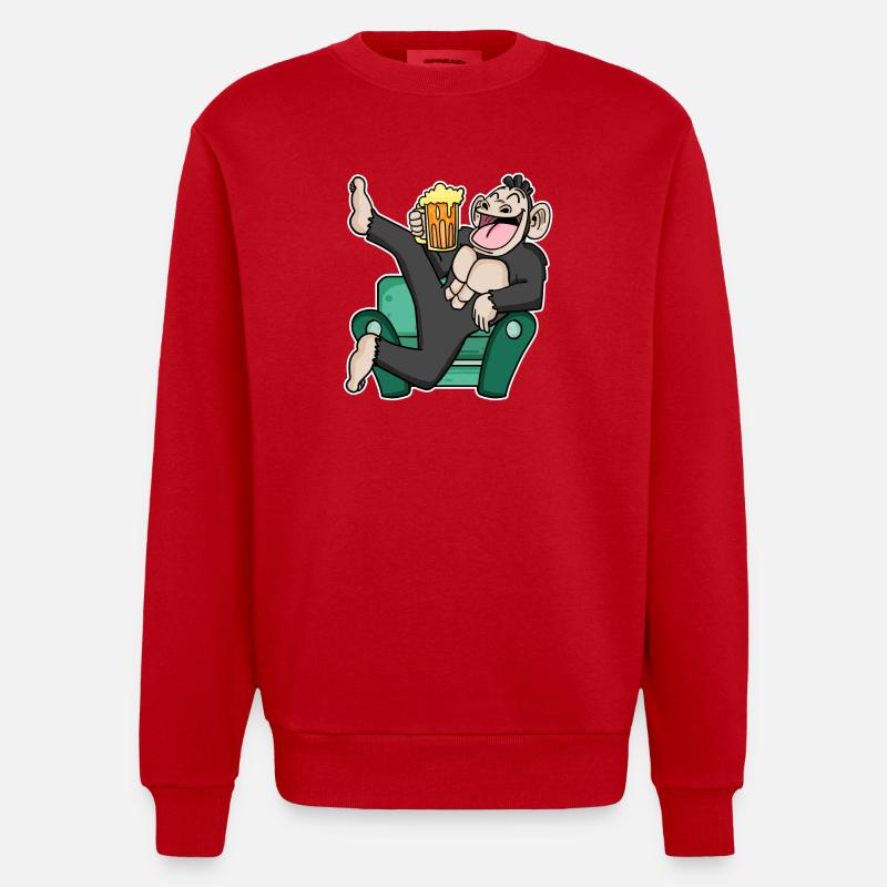 Funny monkey drinks beer - Heavyweight Oversized Organic Crew Neck Made in EU - red