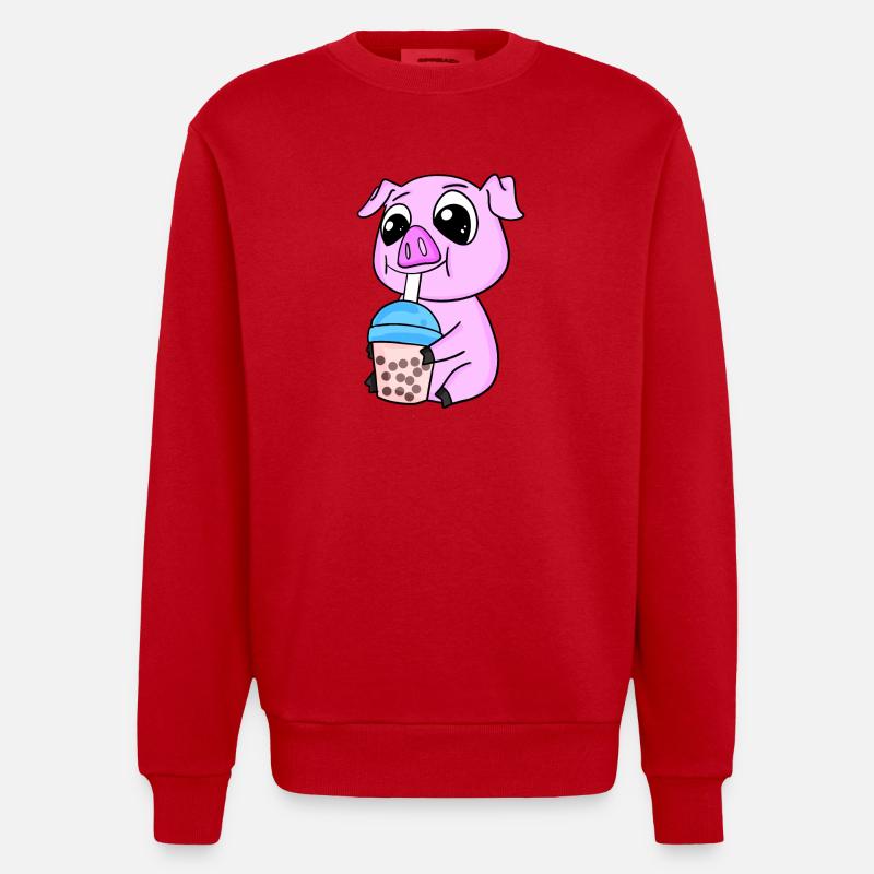 Pork Bubble tea Motif - Heavyweight Oversized Organic Crew Neck Made in EU - red