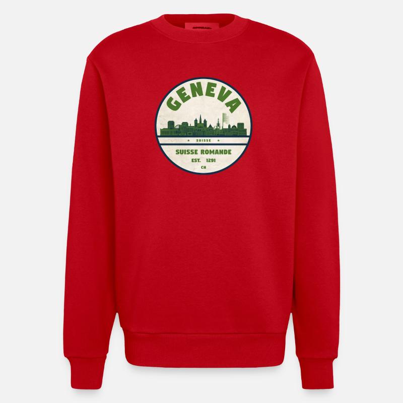 Genf Skyline Badge Romande - Heavyweight Oversized Organic Crew Neck Made in EU - Rot