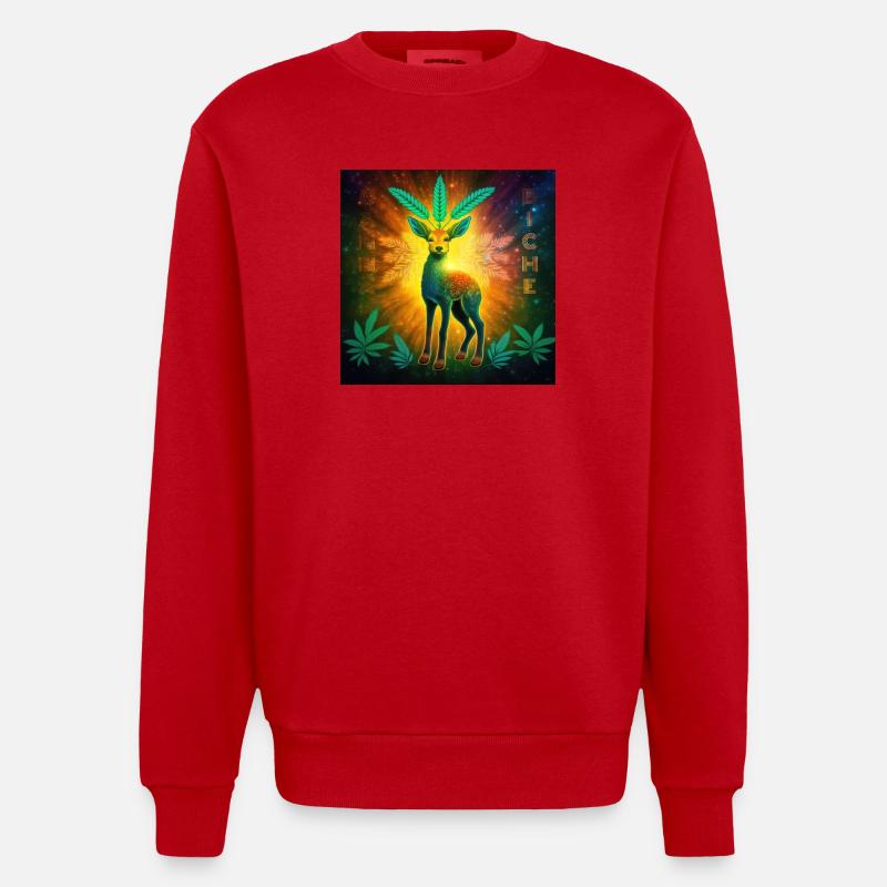 Kosmisches Reh mit Cannabisblättern - Heavyweight Oversized Organic Crew Neck Made in EU - Rot
